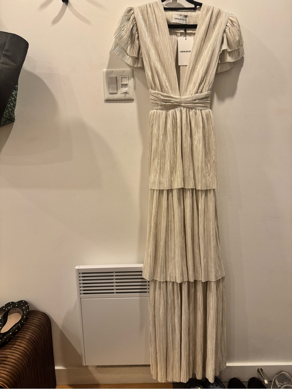 Sabina Musayev Champagne Pleated Tiered Maxi Dress